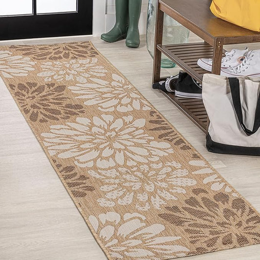 JONATHAN Y SMB110I-28 Zinnia Modern Floral Textured Weave Indoor Outdoor Runner Rug, Bohemian Coastal Mediterranean Easy Cleaning,Bedroom,Kitchen,Backyard,Patio,Non Shedding, Brown/Cream, 2 X 8