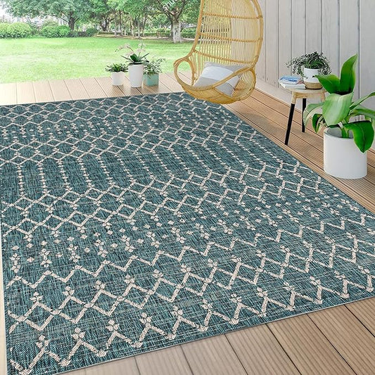 JONATHAN Y SMB108C-9 Ourika Moroccan Geometric Textured Weave Indoor Outdoor Area Rug, Bohemian, Rustic, Scandinavian Easy Cleaning,Bedroom,Kitchen,Backyard,Patio,Non Shedding, Teal/Gray, 9 X 12