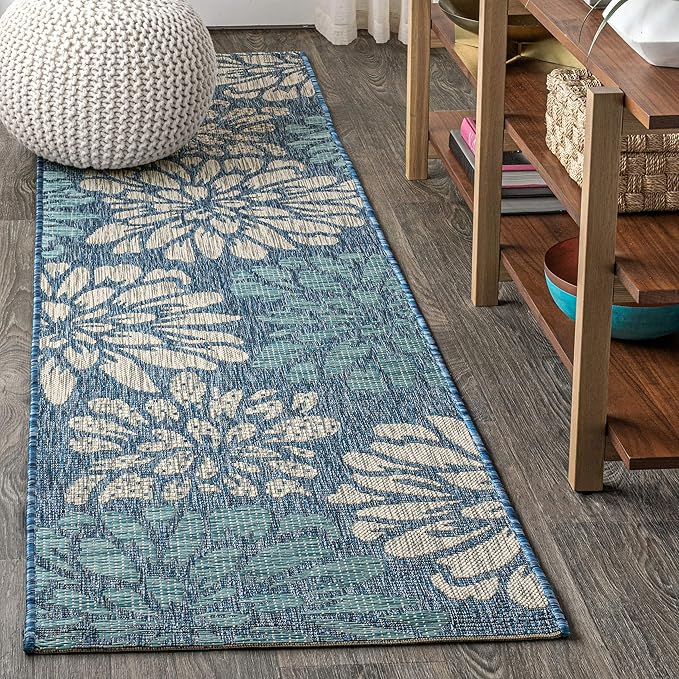 JONATHAN Y SMB110C-214 Zinnia Modern Floral Textured Weave Indoor/Outdoor Runner Rug, Bohemian, Coastal, Transitional for Bedroom, Kitchen, Living Room, Easy-Cleaning, Navy/Aqua, 2 ft. x 14 ft.