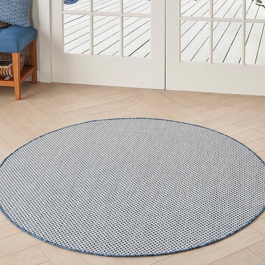 Nourison Courtyard Indoor/Outdoor Ivory Blue 5 x Round Area Rug, Easy Cleaning, Non Shedding, Bed Room, Living Room, Dining Room, Backyard, Deck, Patio (5 Round)