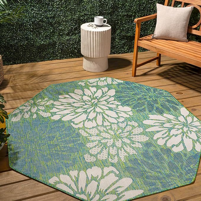 JONATHAN Y SMB110D-8TGN Zinnia Modern Floral Textured Weave Cream/Green 8' Octagon Indoor/Outdoor Area Rug, Non-Shedding, Stain Resistant, Fade Resistant, Easy-Cleaning for Backyard Patio, Porch