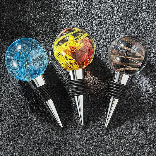 Pack of 3 Wine Bottle Stopper, Galaxy Pattern Art Murano Glass Wine Stopper, Multicolor Leak-Proof and Reusable Wine Saver, Preserves Beverage Freshness