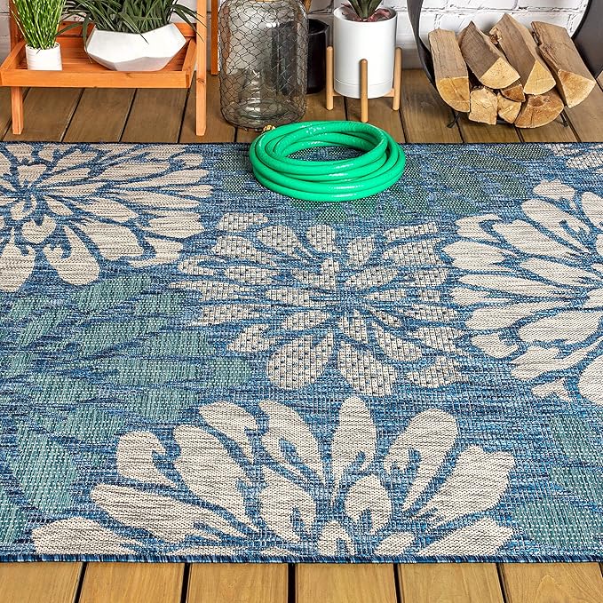 JONATHAN Y SMB110C-8 Zinnia Modern Floral Textured Weave Indoor Outdoor Area-Rug Bohemian Coastal Easy-Cleaning Bedroom Kitchen Backyard Patio Non Shedding, 8 X 10, Navy/Aqua