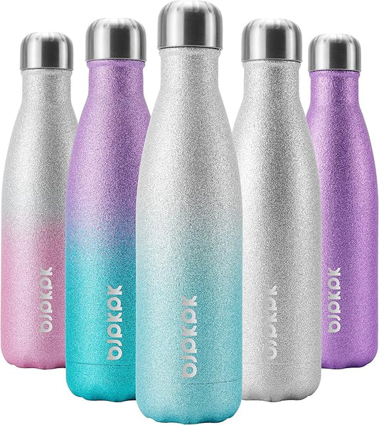 BJPKPK Insulated Water Bottles -17oz/500ml -Stainless Steel Water Bottles,Sports Water Bottles Keep Cold for 24 Hours and Hot for 12 Hours,BPA Free Water Bottle,Glitter Silver Blue