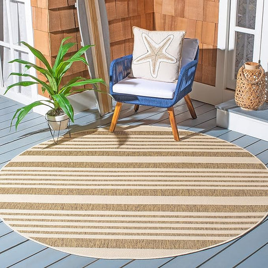 SAFAVIEH Courtyard Collection 6'7" Round Brown/Bone CY6062 Stripe Indoor/ Outside Waterproof Easy cleansingPatio Backyard Mudroom Area Mat