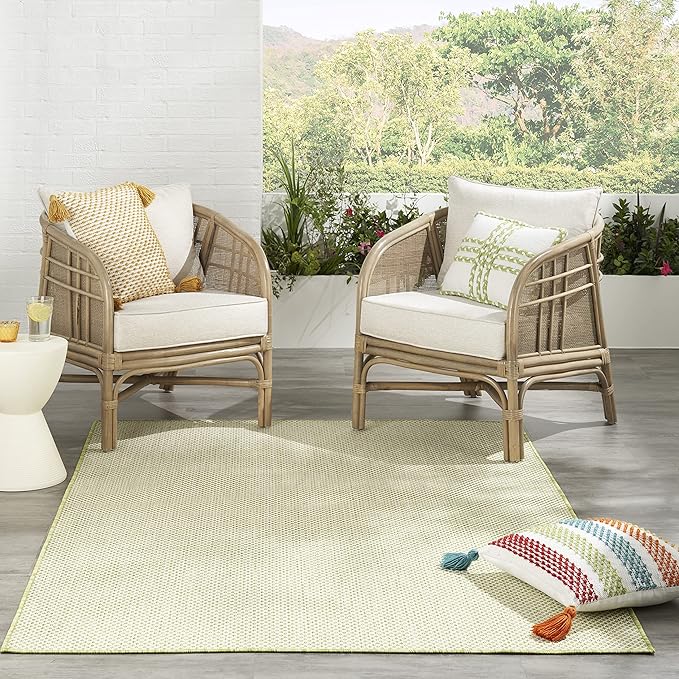 Nourison Courtyard Indoor/Outdoor Ivory Green 6' x 9' Area Rug, Geometric, Easy Cleaning, Non Shedding, Bed Room, Living Room, Dining Room, Deck, Patio, Backyard (6x9)