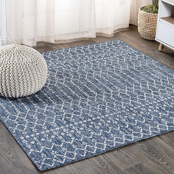 JONATHAN Y SMB108B-3SQ Ourika Moroccan Geometric Textured Weave Indoor/Outdoor Area Rug, Bohemian, Scandinavian for Bedroom, Kitchen, Living Room, Easy-Cleaning, Navy/Light Gray, 3' Square