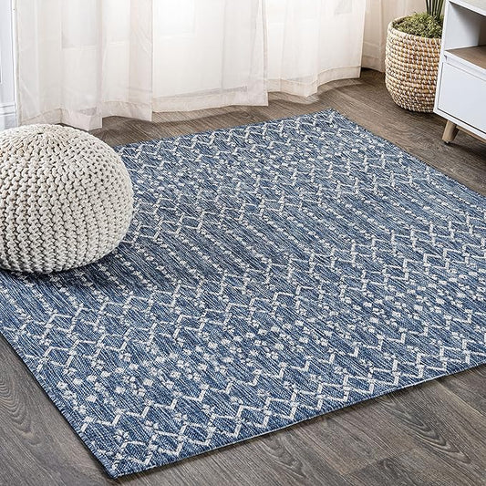 JONATHAN Y SMB108B-8SQ Ourika Moroccan Geometric Textured Weave Indoor/Outdoor Area Rug, Bohemian, Scandinavian for Bedroom, Kitchen, Living Room, Easy-Cleaning, Navy/Light Gray, 8' Square