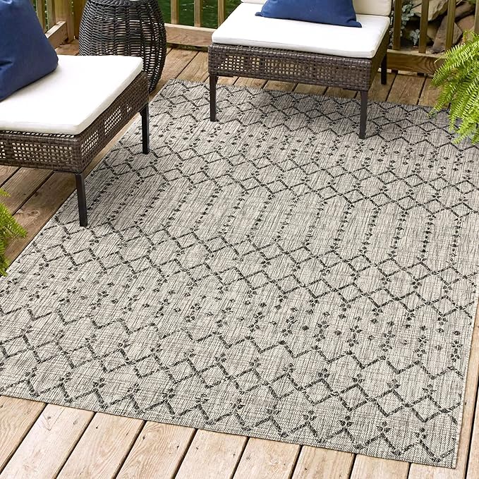 JONATHAN Y SMB108E-3 Ourika Moroccan Geometric Textured Weave Indoor Outdoor Area Rug, Bohemian, Rustic, Scandinavian Easy Cleaning,Bedroom,Kitchen,Backyard,Patio,Non Shedding, Light Gray/Black, 3 X 5