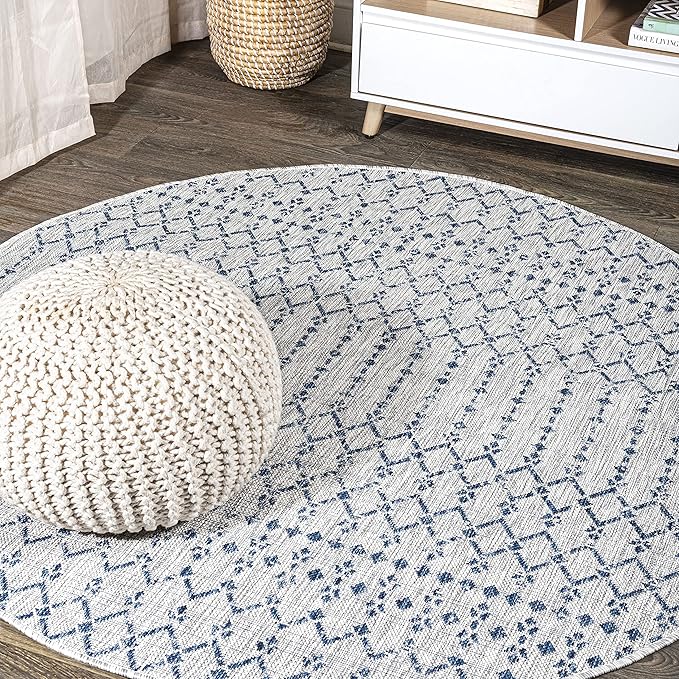 JONATHAN Y SMB108A-3R Ourika Moroccan Geometric Textured Weave Indoor/Outdoor Area Rug, Bohemian, Scandinavian for Bedroom, Kitchen, Living Room, Easy-Cleaning, Light Gray/Navy, 3' Round