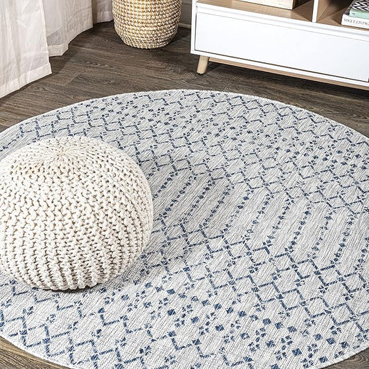 JONATHAN Y SMB108A-6R Ourika Moroccan Geometric Textured Weave Indoor/Outdoor Area Rug, Bohemian, Scandinavian for Bedroom, Kitchen, Living Room, Easy-Cleaning, Light Gray/Navy, 6' Round