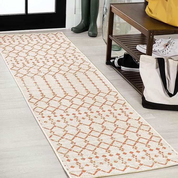 JONATHAN Y SMB108O-210 Ourika Moroccan Geometric Textured Weave Indoor Outdoor Runner Rug, Bohemian Rustic Scandinavian Easy Cleaning,Bedroom,Kitchen,Backyard,Patio,Non Shedding, Cream/Orange, 2 X 10