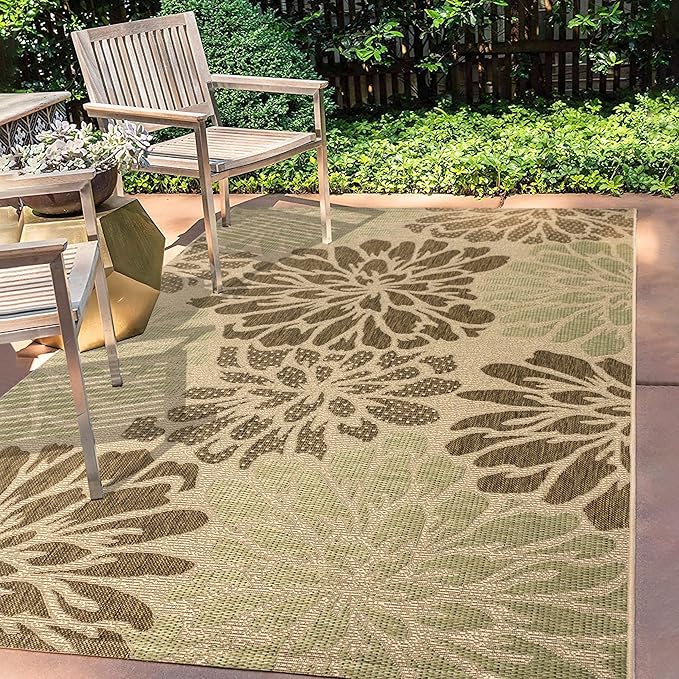 JONATHAN Y SMB110A-4 Zinnia Modern Floral Textured Weave Indoor Outdoor Area-Rug Bohemian Coastal Easy-Cleaning Bedroom Kitchen Backyard Patio Non Shedding, 4 X 6, Sage/Brown