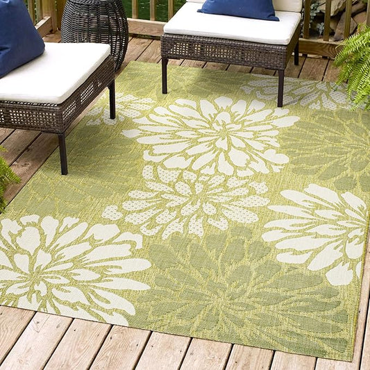 JONATHAN Y SMB110H-9 Zinnia Modern Floral Textured Weave Indoor Outdoor Area Rug, Country Coastal Transitional Easy Cleaning,Bedroom,Kitchen,Backyard,Patio,Non Shedding, 9 X 12, Green/Cream