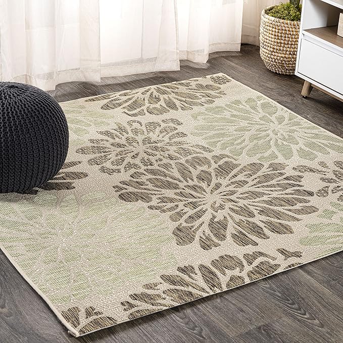 JONATHAN Y SMB110A-6SQ Zinnia Modern Floral Textured Weave Indoor Outdoor Area Rug Bohemian Coastal Easy Cleaning Bedroom Kitchen Backyard Patio Non Shedding, 6' Square, Sage/Brown