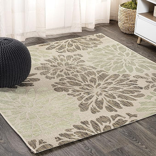 JONATHAN Y SMB110A-5SQ Zinnia Modern Floral Textured Weave Indoor Outdoor Area Rug Bohemian Coastal Easy Cleaning Bedroom Kitchen Backyard Patio Non Shedding, 5' Square, Sage/Brown