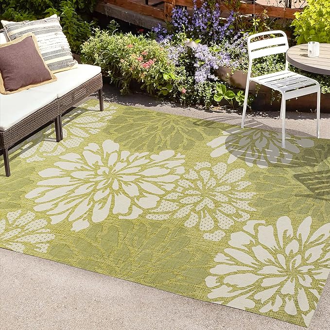 JONATHAN Y SMB110H-9 Zinnia Modern Floral Textured Weave Indoor Outdoor Area Rug, Country Coastal Transitional Easy Cleaning,Bedroom,Kitchen,Backyard,Patio,Non Shedding, 9 X 12, Green/Cream