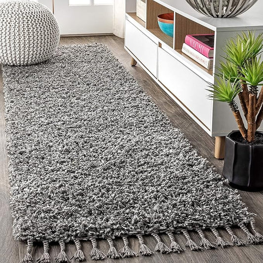 JONATHAN Y MCR100B-28 Mercer Shag Plush Tassel Indoor Runner Rug Bohemian Modern Contemporary Solid Easy-Cleaning Bedroom Kitchen Living Room, 2 X 8, Charcoal with Tassel