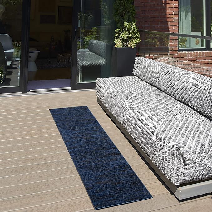 Nourison Essentials Indoor/Outdoor Midnight Blue 2'2" x 7'6" Area Rug, Easy Cleaning, Non Shedding, Bed Room, Living Room, Dining Room, Backyard, Deck, Patio (2x8)