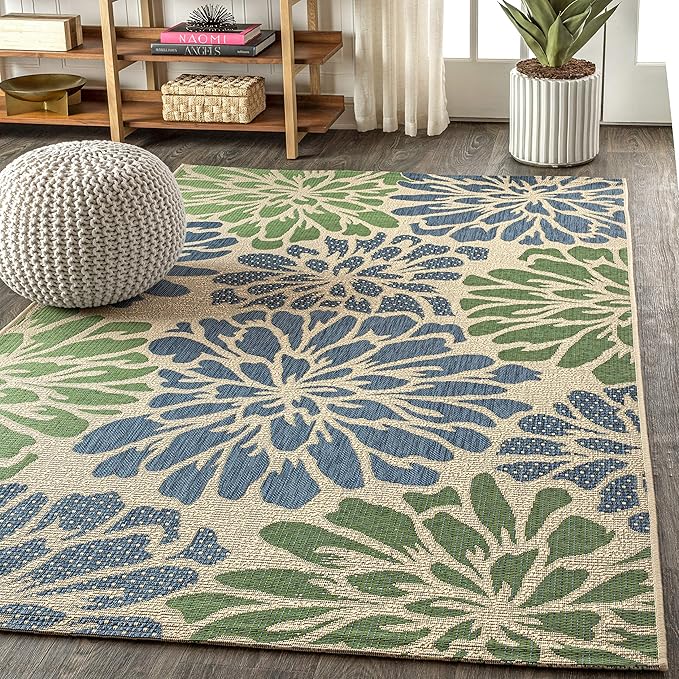 JONATHAN Y SMB110B-4 Zinnia Modern Floral Textured Weave Indoor Outdoor Area-Rug Bohemian Coastal Easy-Cleaning Bedroom Kitchen Backyard Patio Non Shedding, 4 X 6, Navy/Green