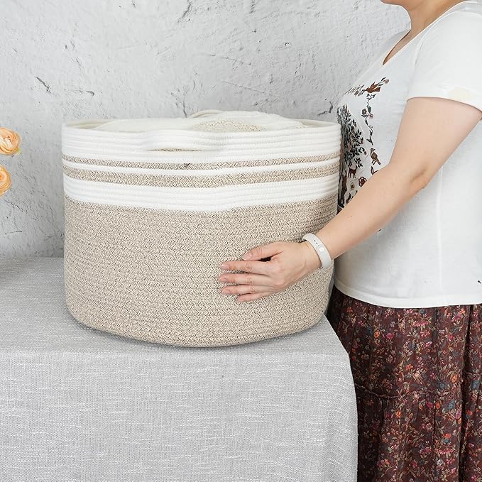 Large Cotton Rope Basket Blankets Basket Living Room 22"x14" Toy Basket for Kids Rope Storage Basket for Nursery Woven Laundry Basket for Clothes Towels Baby Toy Storage round white brown