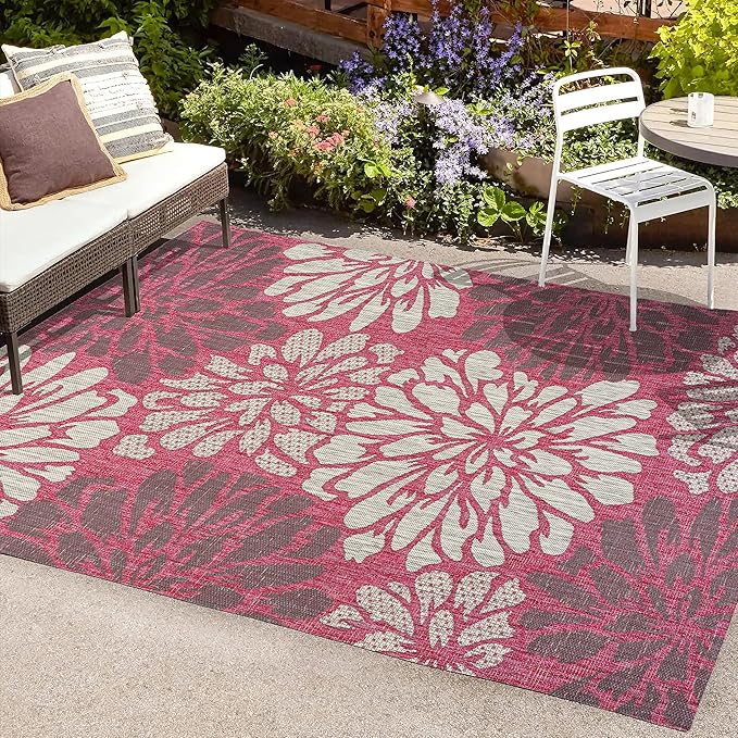 JONATHAN Y SMB110F-4 Zinnia Modern Floral Textured Weave Indoor Outdoor Area-Rug, Bohemian Coastal Mediterranean Easy-Cleaning,Bedroom,Kitchen,Backyard,Patio,Non Shedding, 4 X 6, Fuchsia/Light Gray