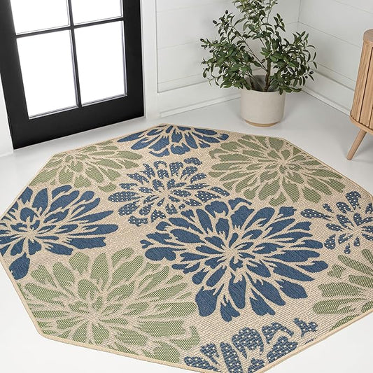 JONATHAN Y SMB110B-8TGN Zinnia Modern Floral Textured Weave Navy/Green 8' Octagon Indoor/Outdoor Area Rug, Non-Shedding, Stain Resistant, Fade Resistant, Easy-Cleaning for Backyard Patio, Porch