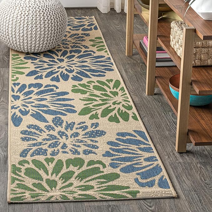 JONATHAN Y SMB110B-28 Zinnia Modern Floral Textured Weave Indoor Outdoor Runner Rug Bohemian Coastal Easy-Cleaning Bedroom Kitchen Backyard Patio Non Shedding, 2 X 8, Navy/Green