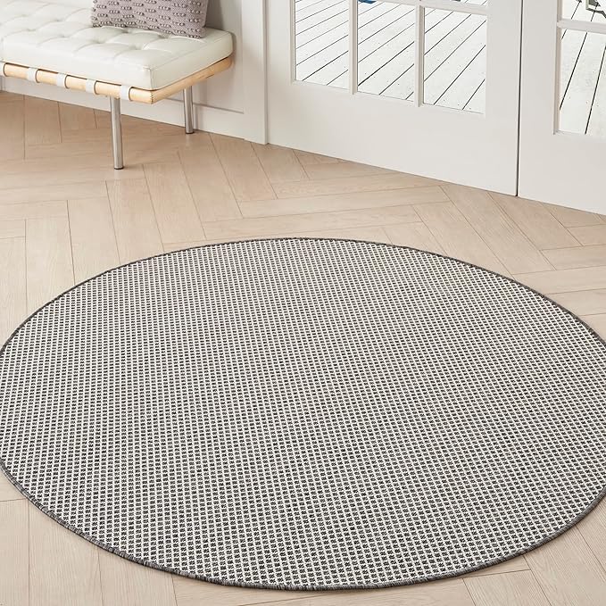 Nourison Courtyard Indoor/Outdoor Ivory/Charcoal 5 x Round Area Rug, Easy Cleaning, Non Shedding, Bed Room, Living Room, Dining Room, Backyard, Deck, Patio (5 Round)
