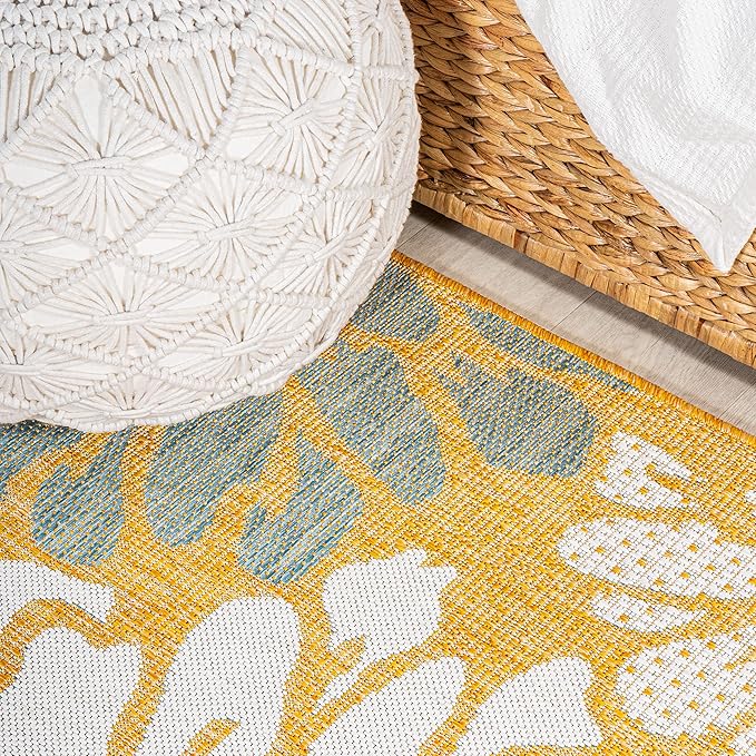 JONATHAN Y SMB110G-5R Zinnia Modern Floral Textured Weave Indoor Outdoor Area Rug, Country Coastal Contemporary Easy Cleaning,Bedroom,Kitchen,Backyard,Patio,Non Shedding, Yellow/Cream, 5' Round