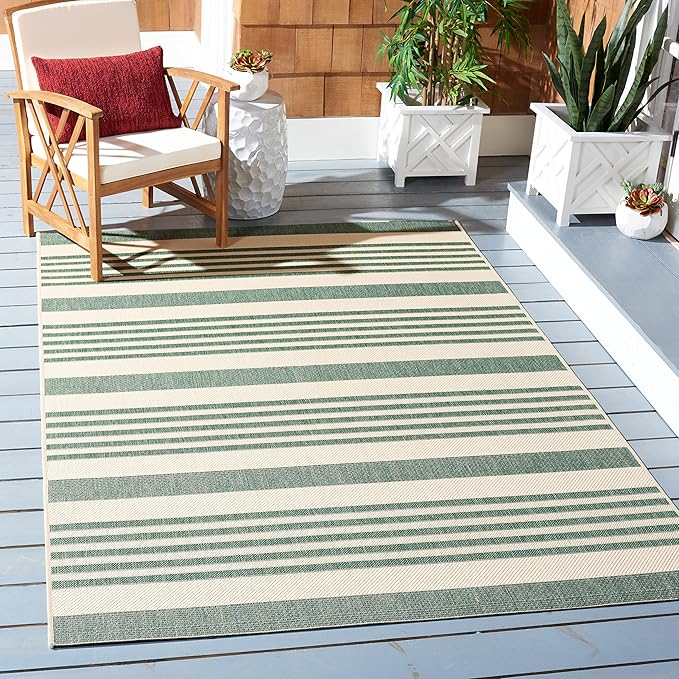 SAFAVIEH Courtyard Collection Area Rug - 5'3" Square, Beige & Dark Green, Stripe Design, Non-Shedding & Easy Care, Indoor/Outdoor & Washable-Ideal for Patio, Backyard, Mudroom (CY6062-322)