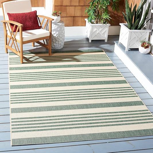 SAFAVIEH Courtyard Collection Area Rug - 5'3" Square, Beige & Dark Green, Stripe Design, Non-Shedding & Easy Care, Indoor/Outdoor & Washable-Ideal for Patio, Backyard, Mudroom (CY6062-322)