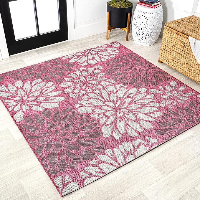 JONATHAN Y SMB110F-5SQ Zinnia Modern Floral Textured Weave Indoor Outdoor Area Rug, Bohemian Coastal Mediterranean Easy Cleaning,Bedroom,Kitchen,Backyard,Patio, Fuchsia/Light Gray, 5' Square
