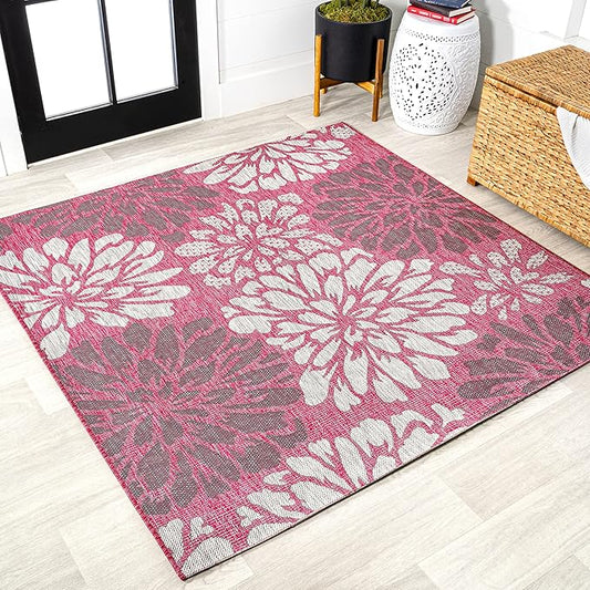 JONATHAN Y SMB110F-5SQ Zinnia Modern Floral Textured Weave Indoor Outdoor Area Rug, Bohemian Coastal Mediterranean Easy Cleaning,Bedroom,Kitchen,Backyard,Patio, Fuchsia/Light Gray, 5' Square