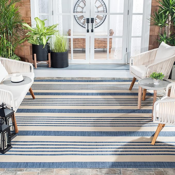 SAFAVIEH Courtyard Collection 7'10' x 7'10' Square Beige/Blue CY6062 Stripe Indoor/ Outdoor Patio Backyard Mudroom Area Rug