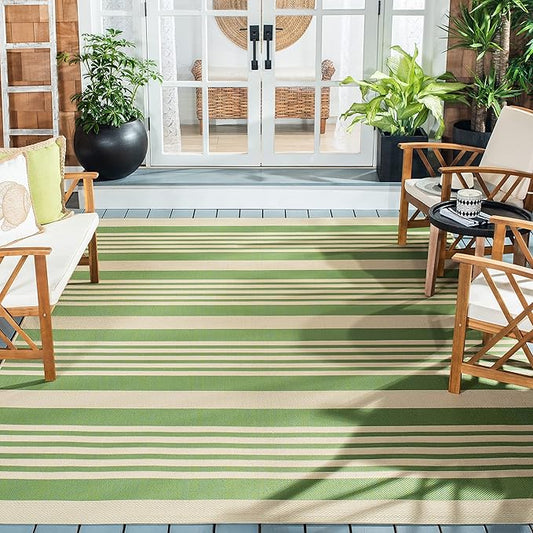 SAFAVIEH Courtyard Collection 6'7'' Square Green/Beige CY6062 Stripe Indoor/ Outdoor Patio Backyard Mudroom Area Rug
