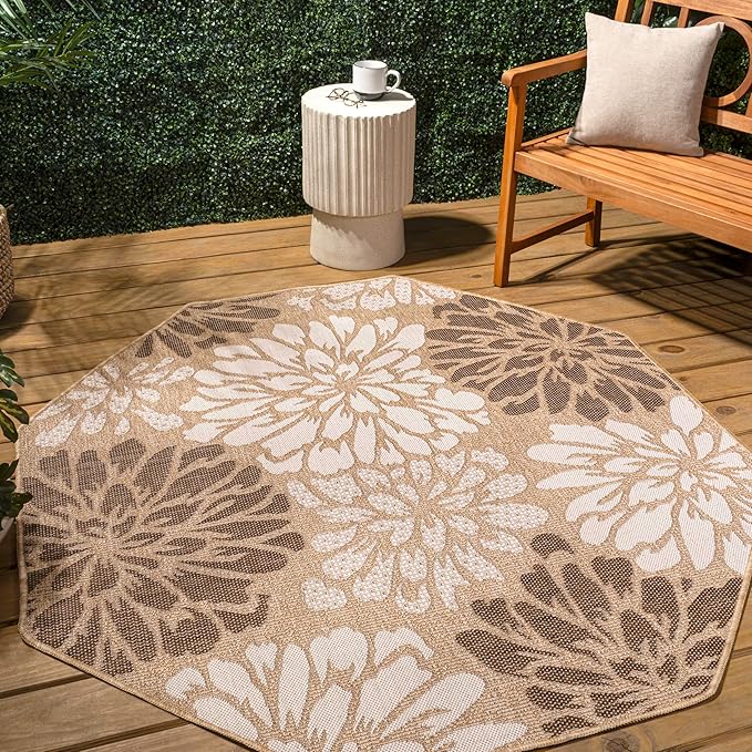 JONATHAN Y SMB110I-8TGN Zinnia Modern Floral Textured Weave Brown/Cream 8' Octagon Indoor/Outdoor Area Rug, Non-Shedding, Stain Resistant, Fade Resistant, Easy-Cleaning for Backyard Patio, Porch