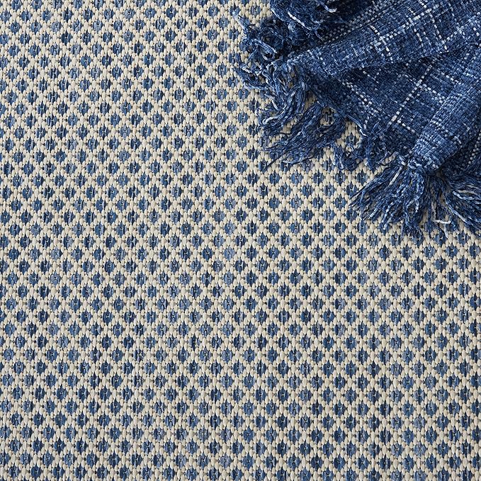 Nourison Courtyard Indoor/Outdoor Ivory Blue 8' x 10' Area Rug, Geometric, Easy Cleaning, Non Shedding, Bed Room, Living Room, Dining Room, Deck, Patio, Backyard (8x10)