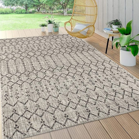 JONATHAN Y SMB108E-3 Ourika Moroccan Geometric Textured Weave Indoor Outdoor Area Rug, Bohemian, Rustic, Scandinavian Easy Cleaning,Bedroom,Kitchen,Backyard,Patio,Non Shedding, Light Gray/Black, 3 X 5