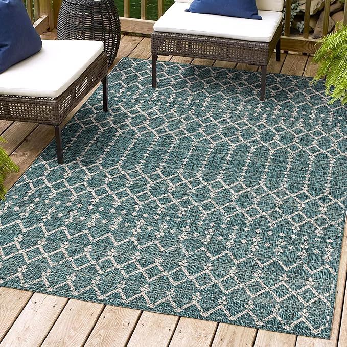 JONATHAN Y SMB108C-4 Ourika Moroccan Geometric Textured Weave Indoor Outdoor -Area Rug, Bohemian, Rustic, Scandinavian Easy-Cleaning,Bedroom,Kitchen,Backyard,Patio,Non Shedding, Teal/Gray, 4 X 6