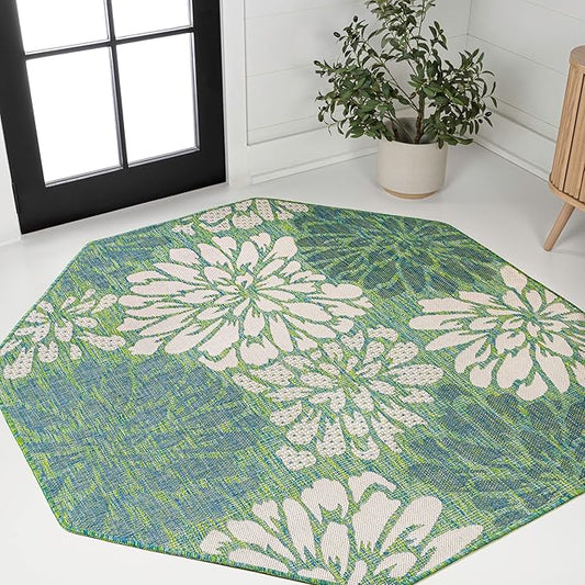 JONATHAN Y SMB110D-8TGN Zinnia Modern Floral Textured Weave Cream/Green 8' Octagon Indoor/Outdoor Area Rug, Non-Shedding, Stain Resistant, Fade Resistant, Easy-Cleaning for Backyard Patio, Porch