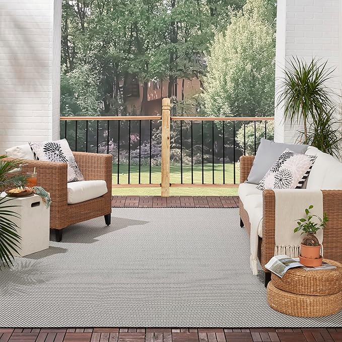 Nourison Courtyard Black White 8' x 10' Area Rug - Easy Clean, Non Shedding, Bed Room, Living Room, Dining Room, Kitchen (8' x 10')