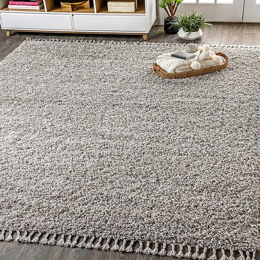 JONATHAN Y MCR100E-8 Mercer Shag Plush Tassel Indoor Area-Rug Bohemian Modern Contemporary Solid Easy-Cleaning Bedroom Kitchen Living Room, 8 X 10, Grey with Tassel
