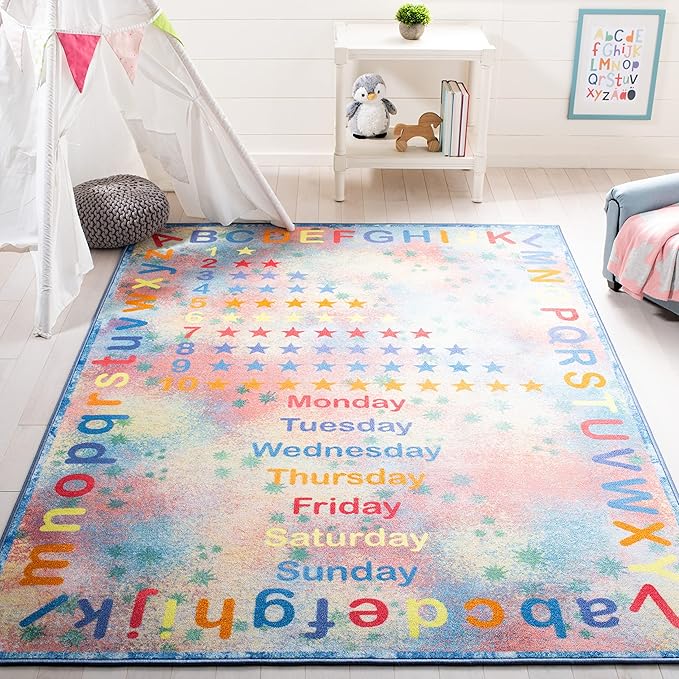 SAFAVIEH Kids Playhouse Collection Machine Washable Slip Resistant 7'9" x 10', Blue/Orange KPH251M Alphabet Educational Playroom Nursery Bedroom Area Rug