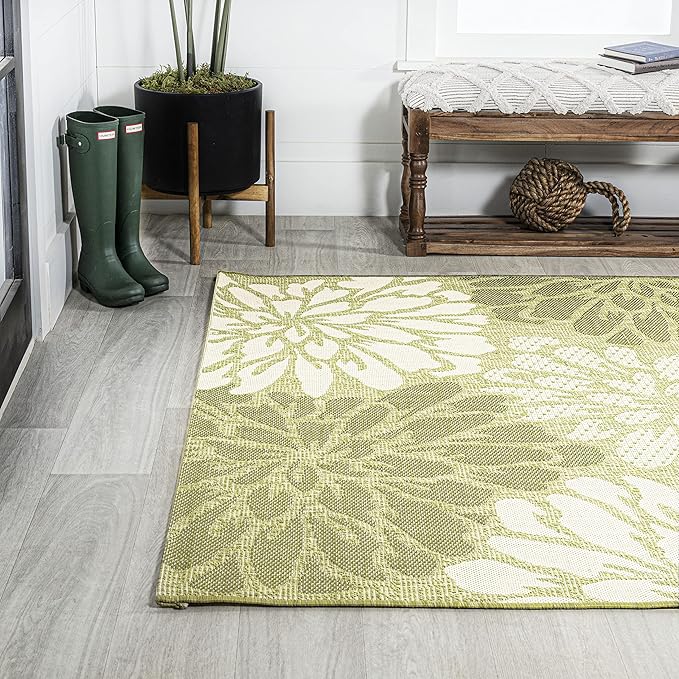 JONATHAN Y SMB110H-5 Zinnia Modern Floral Textured Weave Indoor Outdoor Area Rug, Country Coastal Transitional Easy Cleaning,Bedroom,Kitchen,Backyard,Patio,Non Shedding, 5 X 8, Green/Cream