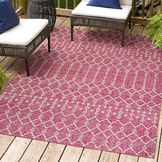 JONATHAN Y SMB108Q-9 Ourika Moroccan Geometric Textured Weave Indoor Outdoor Area-Rug, Bohemian Rustic Easy-Cleaning,Bedroom,Kitchen,Backyard,Patio,Non Shedding, 9 X 12, Fuchsia/Light Gray