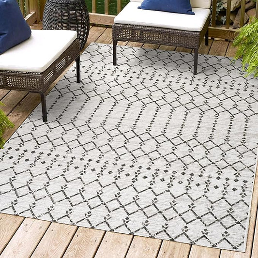 JONATHAN Y SMB108I-8 Ourika Moroccan Geometric Textured Weave Indoor Outdoor Area-Rug, Bohemian Coastal Traditional Easy-Cleaning,Bedroom,Kitchen,Backyard,Patio,Non Shedding, 8 X 10, Cream/Black