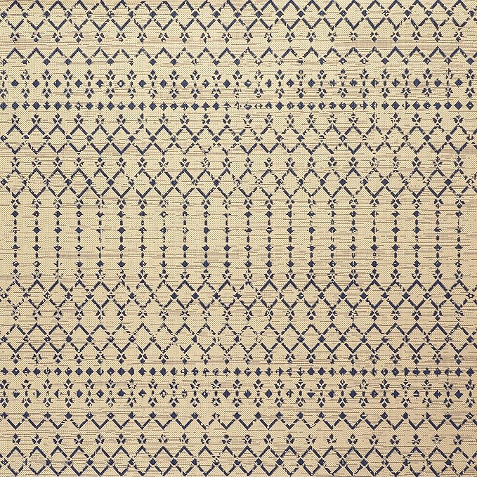JONATHAN Y SMB108H-6SQ Ourika Moroccan Geometric Textured Weave Beige/Navy 6' Square Indoor/Outdoor Area Rug, Pet Friendly, Non-Shedding, Stain Resistant, Easy-Cleaning for Backyard, Patio, Porch