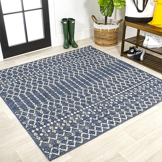 JONATHAN Y SMB108K-4SQ Ourika Moroccan Geometric Textured Weave Navy/Beige 4' Square Indoor/Outdoor Area Rug, Pet Friendly, Non-Shedding, Stain Resistant, Easy-Cleaning for Backyard, Patio, Porch