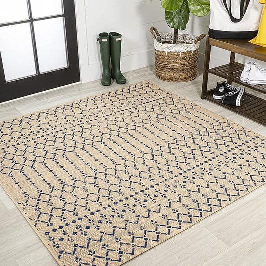 JONATHAN Y SMB108H-9SQ Ourika Moroccan Geometric Textured Weave Beige/Navy 9' Square Indoor/Outdoor Area Rug, Pet Friendly, Non-Shedding, Stain Resistant, Easy-Cleaning for Backyard, Patio, Porch